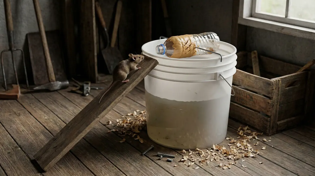 Topo su una tavola che sale verso un secchio con bottiglia esca, trappola fai da te contro i topi in casa