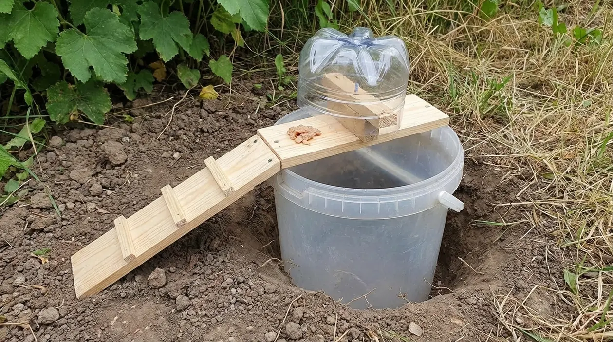 Trappola fai da te per pantegane con secchio interrato, rampa in legno ed esca in giardino