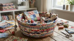 Cestino in tessuto patchwork con pupazzi, realizzato con avanzi di stoffa su un tavolo da cucito