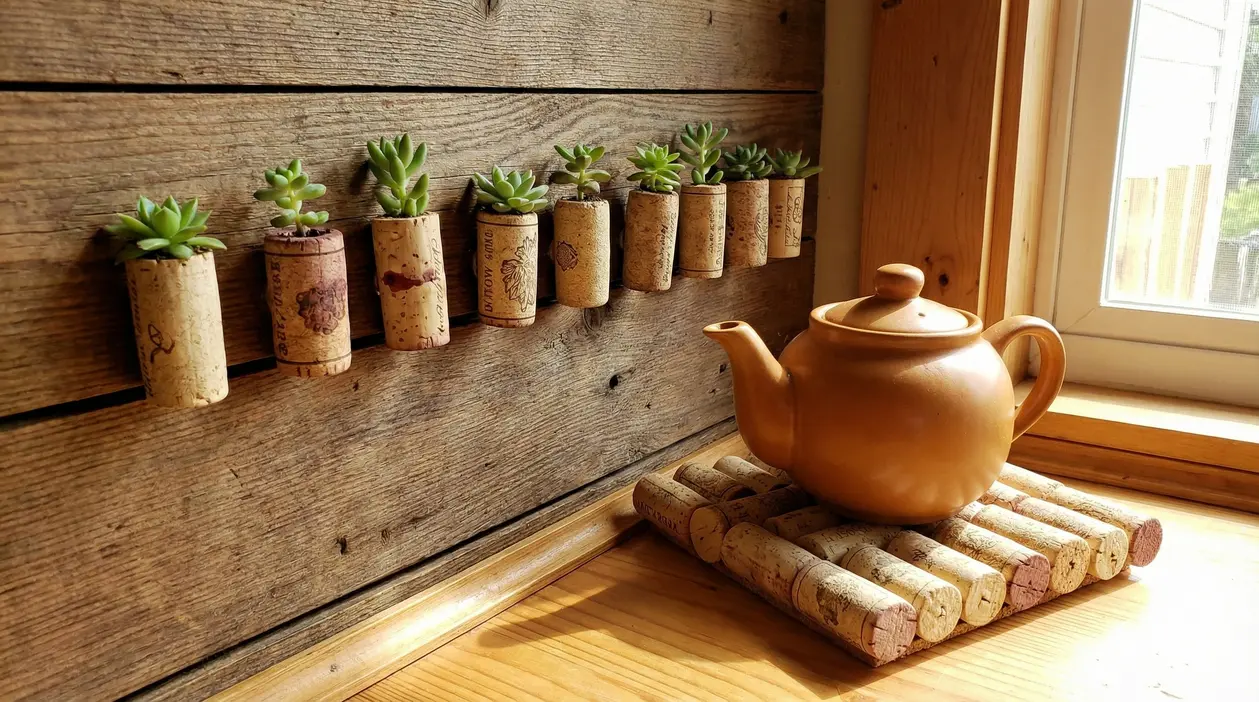 Tappi di sughero riutilizzati come piccoli vasetti per succulente e sottopentola fai da te vicino a una finestra