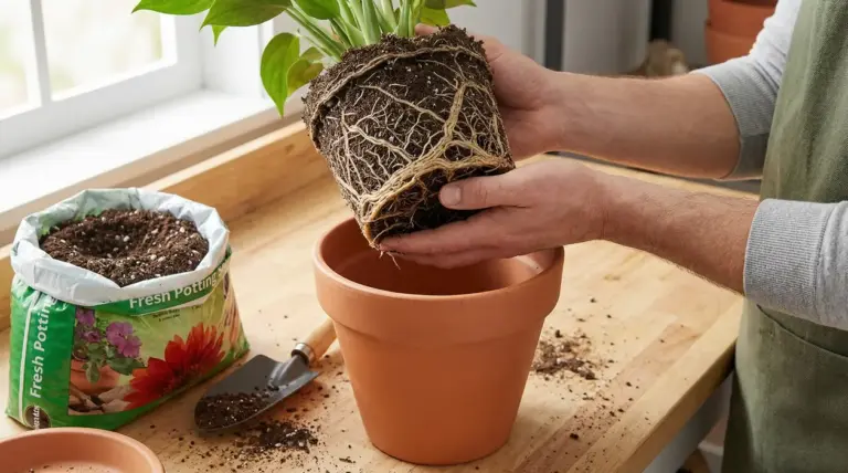 Persona rinvasa una pianta con radici fitte in un vaso di terracotta, con terriccio e paletta sul tavolo