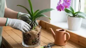 Persona con guanti rinvasa un’orchidea in vaso trasparente vicino a una finestra per stimolarne la fioritura