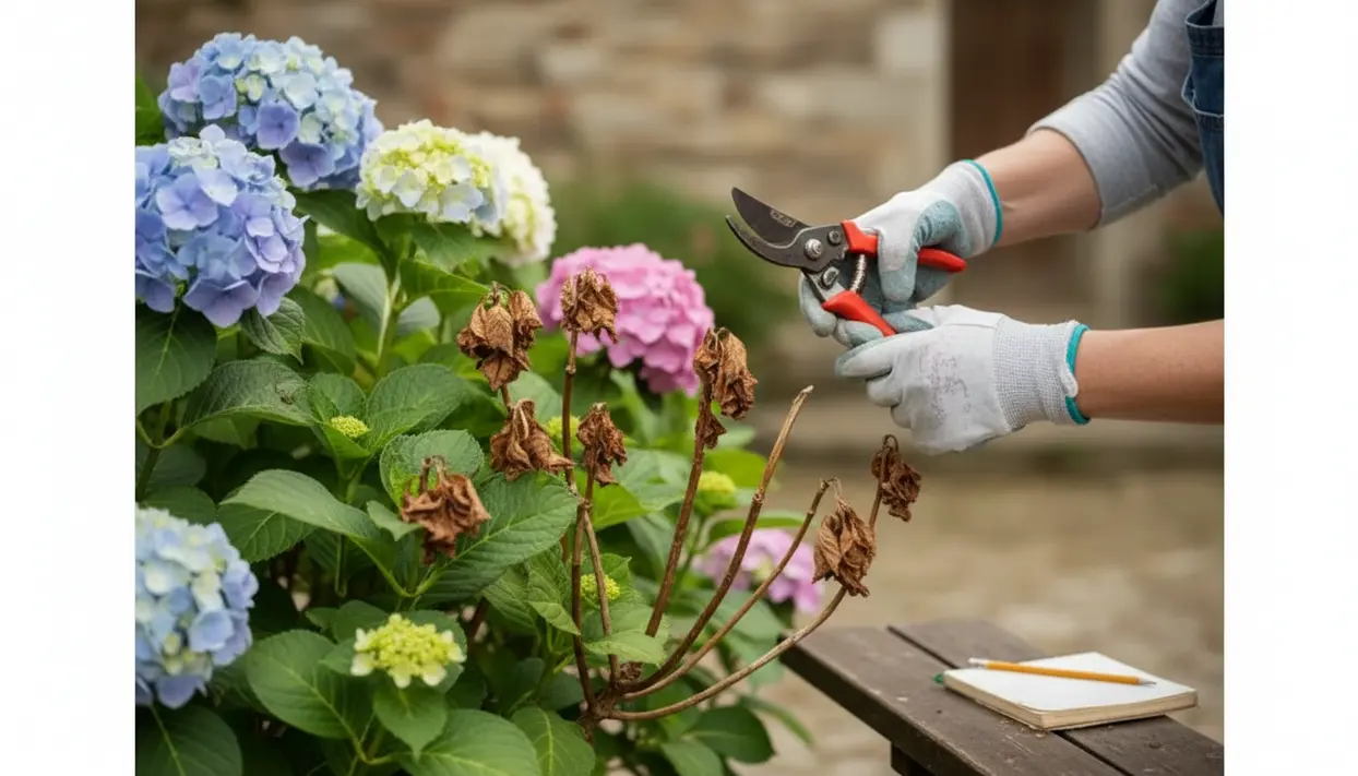 Mani con guanti e cesoie che potano ortensie, rimuovendo fiori secchi tra infiorescenze blu e rosa