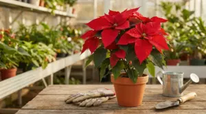Stella di Natale in vaso su tavolo di legno in serra, con annaffiatoio e attrezzi da giardinaggio
