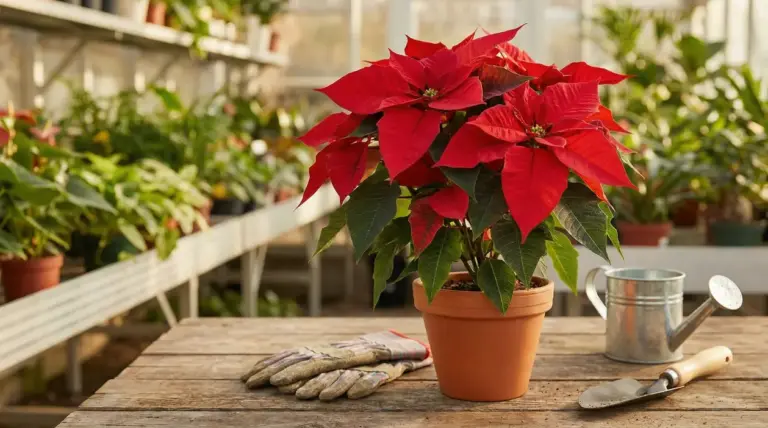 Stella di Natale in vaso su tavolo di legno in serra, con annaffiatoio e attrezzi da giardinaggio