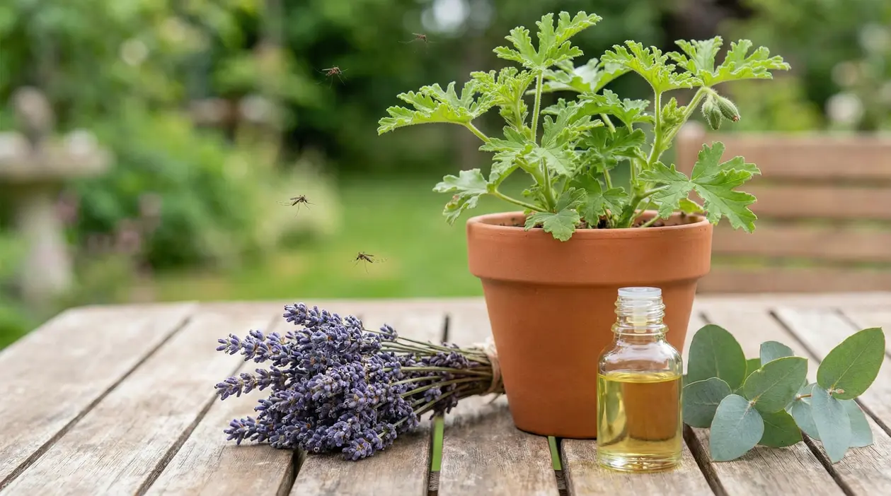 Vaso con pianta aromatica sul tavolo, lavanda e flacone di olio essenziale per tenere lontane le zanzare