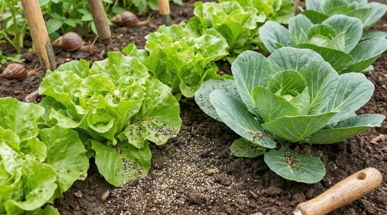 Pepe sparso sul terreno tra lattughe e cavolo nell’orto, con lumache sullo sfondo vicino agli attrezzi