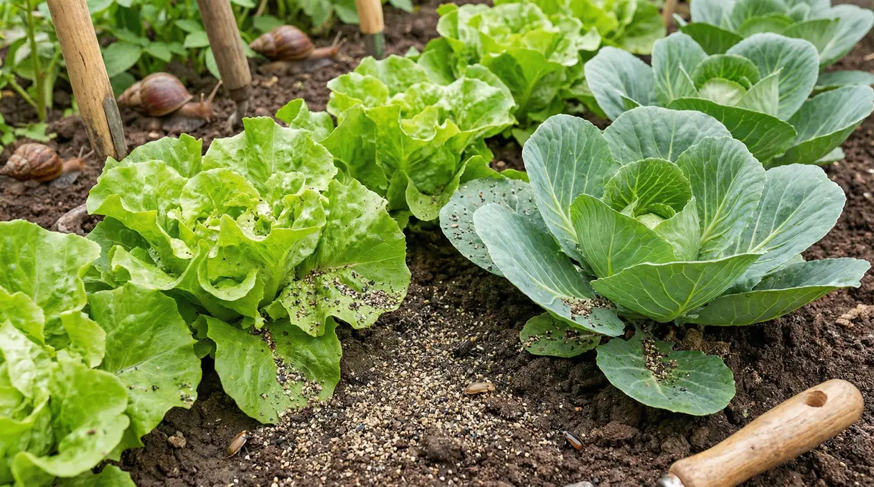 Pepe sparso sul terreno tra lattughe e cavolo nell’orto, con lumache sullo sfondo vicino agli attrezzi