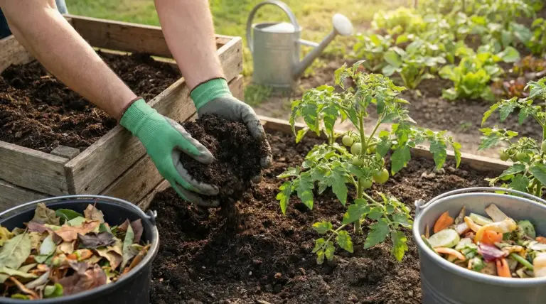Persona aggiunge compost naturale al terreno di piante di pomodoro in un orto domestico