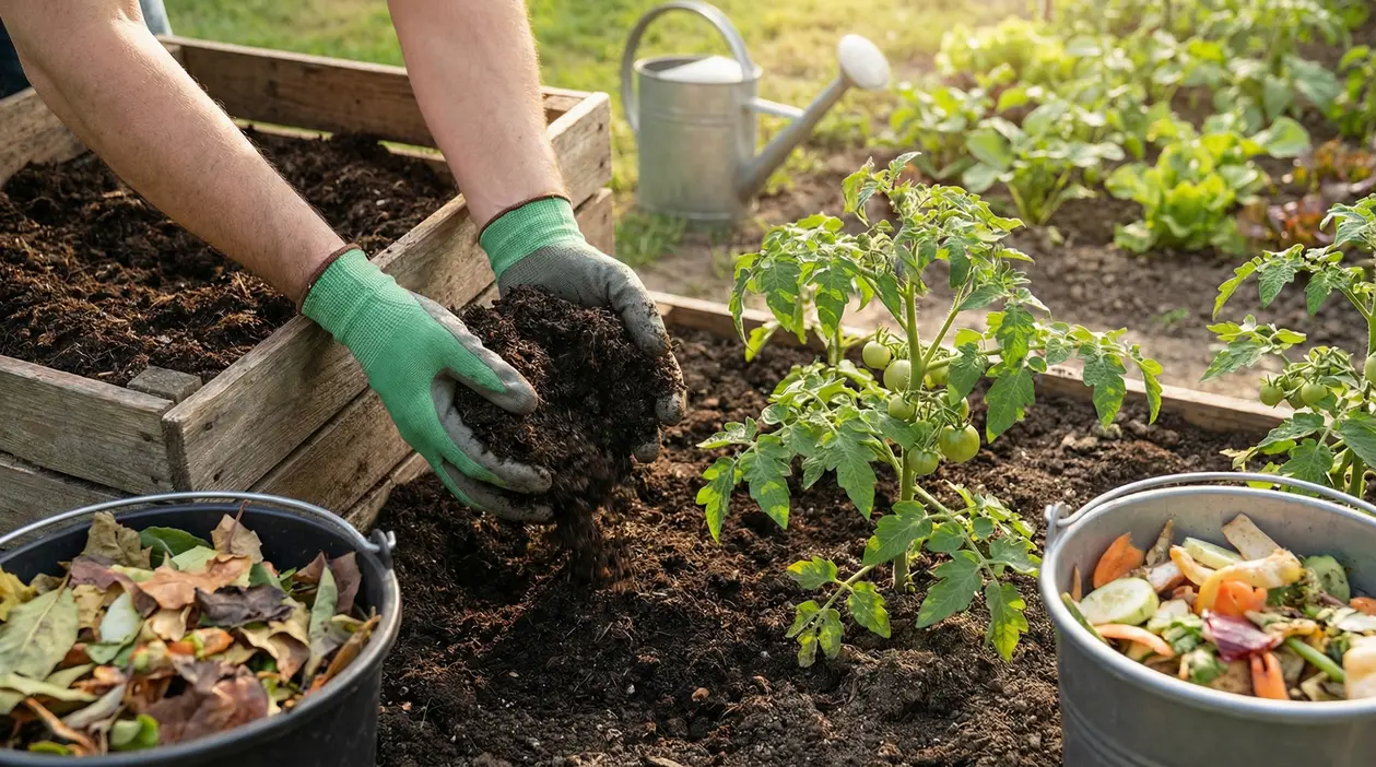 Persona aggiunge compost naturale al terreno di piante di pomodoro in un orto domestico