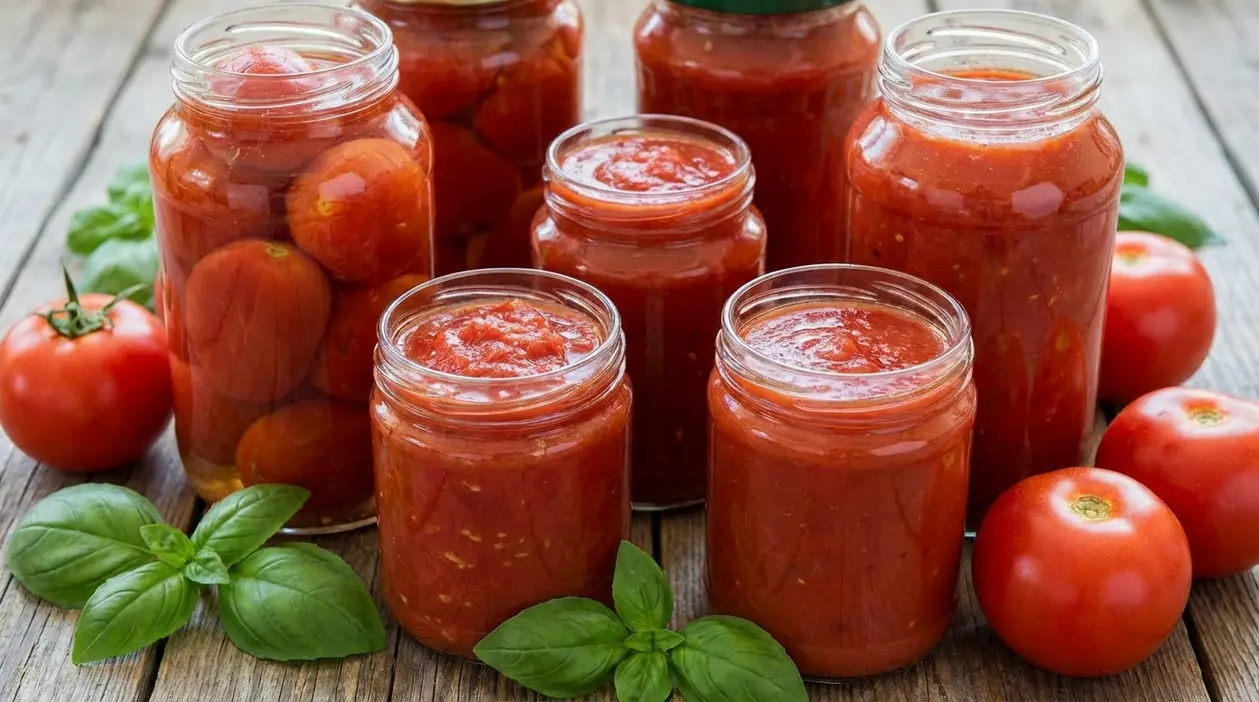 Barattoli di pomodori interi e passata su tavolo rustico con pomodori freschi e foglie di basilico