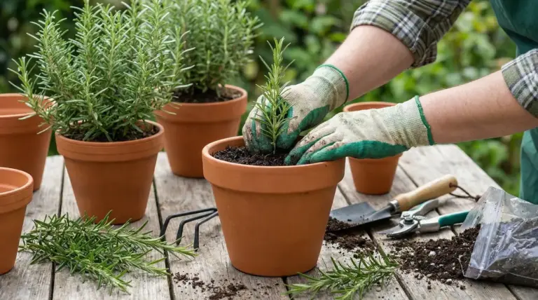 Mani con guanti piantano una talea di rosmarino in un vaso di terracotta su un tavolo da giardinaggio