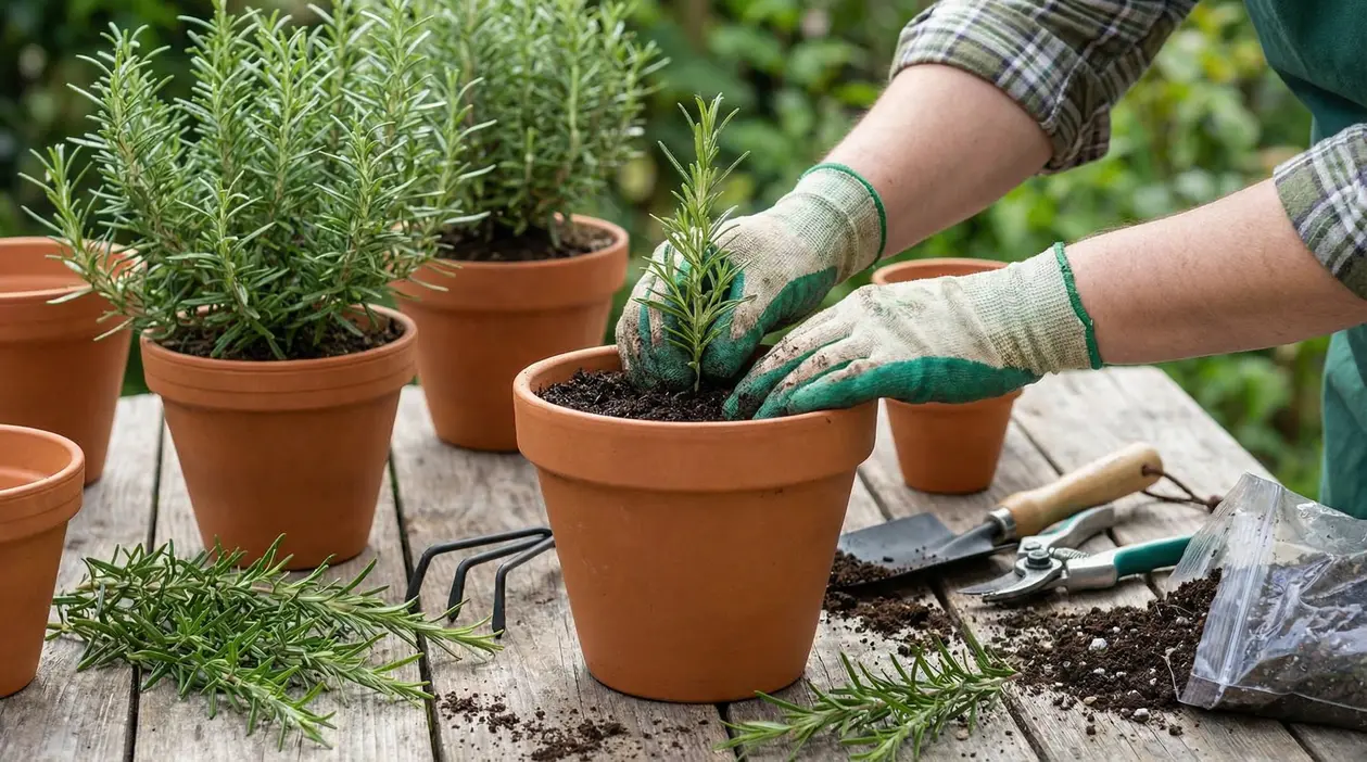 Mani con guanti piantano una talea di rosmarino in un vaso di terracotta su un tavolo da giardinaggio