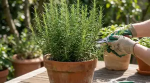 Potatura del rosmarino in vaso con cesoie e guanti da giardinaggio su un tavolo all’aperto