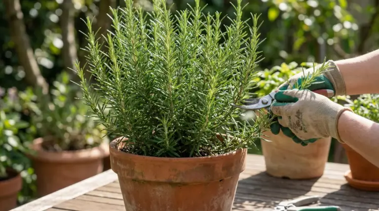 Potatura del rosmarino in vaso con cesoie e guanti da giardinaggio su un tavolo all’aperto