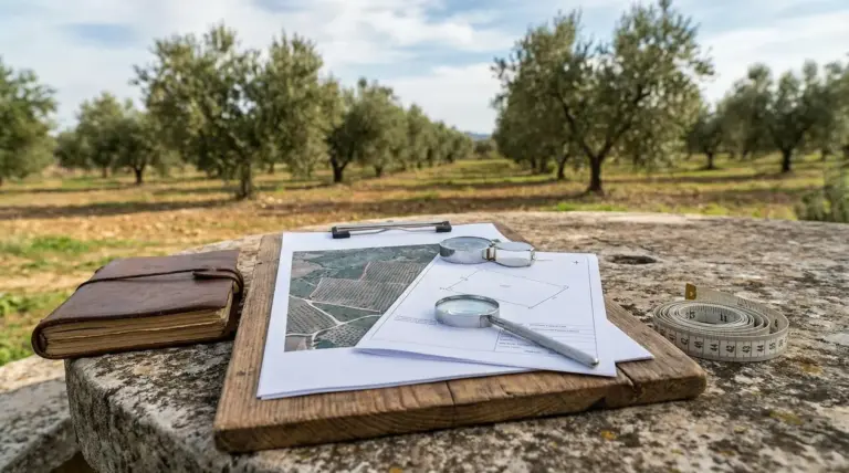 Documenti catastali e strumenti di misurazione su tavolo in pietra davanti a un terreno agricolo con alberi