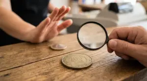 Persona esamina una vecchia moneta da 200 lire con una lente mentre un negoziante la rifiuta alla cassa