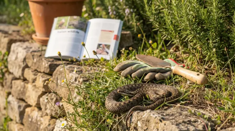 Vipera arrotolata tra erba e pietre in giardino, vicino ad attrezzi da giardinaggio