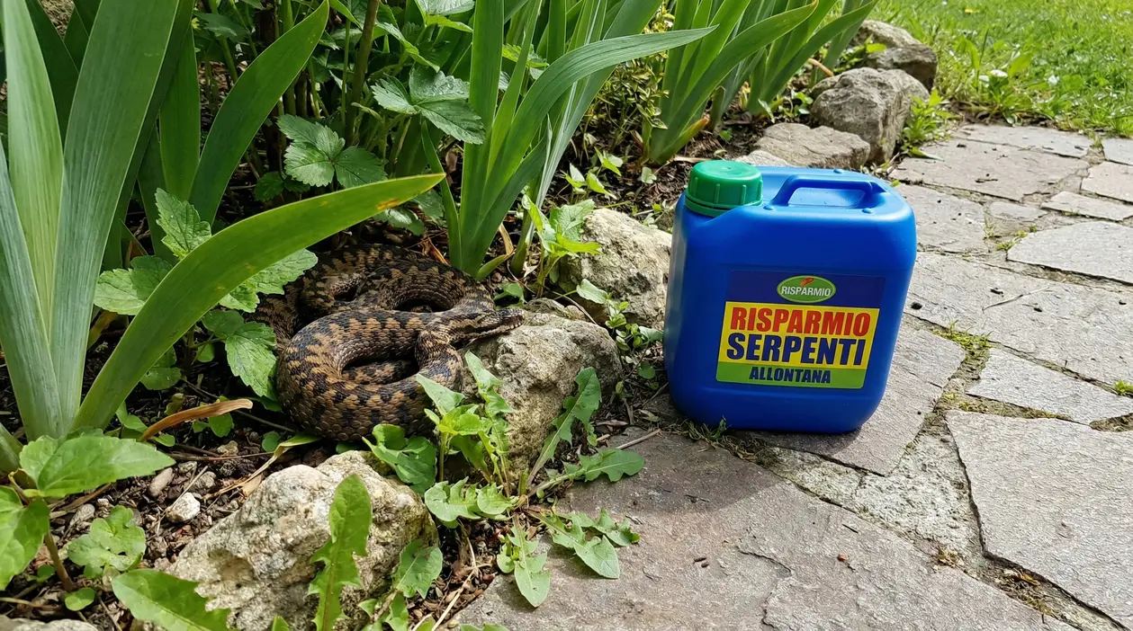 Vipera tra le piante del giardino accanto a un contenitore repellente vicino a un vialetto in pietra