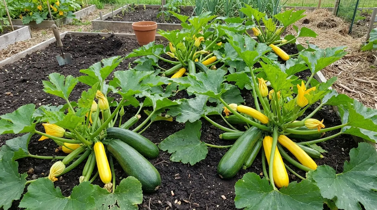 Piante di zucchine in orto rialzato con frutti verdi e gialli già sviluppati e fiori aperti